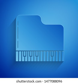 Paper cut Grand piano icon isolated on blue background. Musical instrument. Paper art style. Vector Illustration