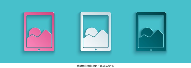 Recorte de papel Icono de tableta gráfica aislado en fondo azul. Estilo de arte de papel.  Ilustración vectorial