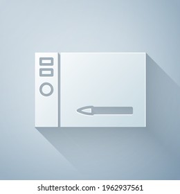 Paper cut Graphic tablet icon isolated on grey background. Paper art style. Vector Illustration