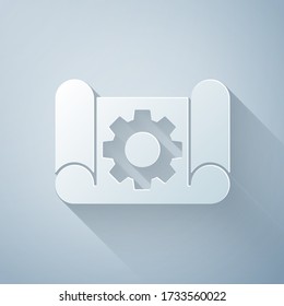 Paper cut Graphing paper for engineering and gear icon isolated on grey background. Paper art style. Vector Illustration