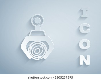 Paper cut Grapple crane grabbed a log icon isolated on grey background. Forest industry. Industrial crane for lumber trunk wood production. Paper art style. Vector