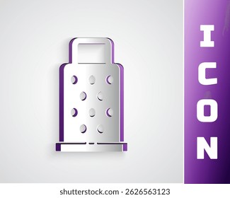Paper cut Grater icon isolated on grey background. Kitchen symbol. Cooking utensil. Cutlery sign. Paper art style. Vector