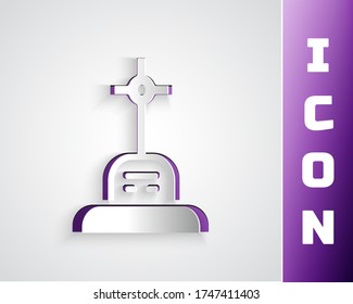 Paper cut Grave with cross icon isolated on grey background. Paper art style. Vector