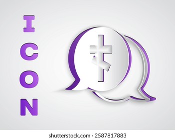 Paper cut Grave with cross icon isolated on grey background. Paper art style. Vector