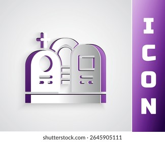 Paper cut Grave with tombstone icon isolated on grey background. Paper art style. Vector