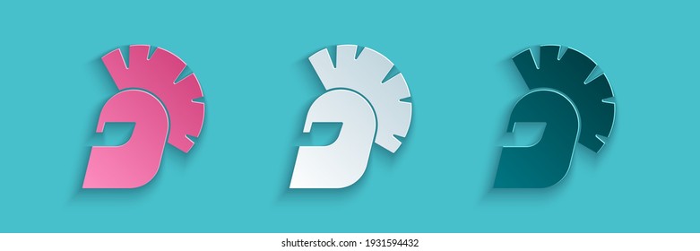 Paper cut Greek helmet icon isolated on blue background. Antiques helmet for head protection soldiers with a crest of feathers or horsehair. Paper art style. Vector