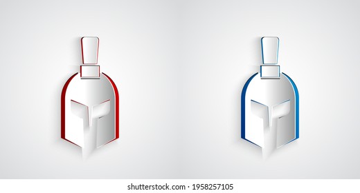 Paper cut Greek helmet icon isolated on grey background. Antiques helmet for head protection soldiers with a crest of feathers or horsehair. Paper art style. Vector
