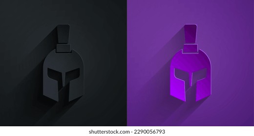 Paper cut Greek helmet icon isolated on black on purple background. Antiques helmet for head protection soldiers with a crest of feathers or horsehair. Paper art style. Vector