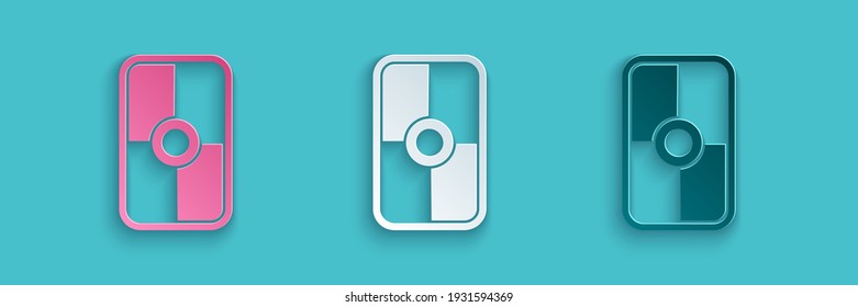 Paper cut Greek shield with greek ornament icon isolated on blue background. Paper art style. Vector