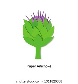 Paper cut green artichokes. Vector paper craft design in the form of ripe whole artichoke. Vector illustration. Paper applique art style vegetable. Origami concept.