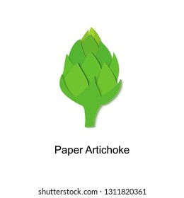 Paper cut green artichokes. Vector paper craft design in the form of ripe whole artichoke. Vector illustration. Paper applique art style vegetable. Origami concept.