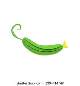 Paper cut green cucumber. Vector paper craft design in the form of ripe green cucumber vegetable. Vector illustration. Paper applique art style vegetable. Origami concept.