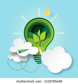 Paper cut of green ecology and environment conservation concept with seedling in light bulb and cloud bubble speech.Vector illustration.