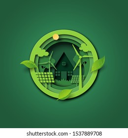 Paper Cut Of Green Ecology And Environment Conservation Concept With Save Energy And Sustainable Resource.Vector Illustration.