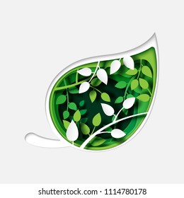 Paper cut of green leaves abstract background template.Ecology and environment concept design vector illustration.