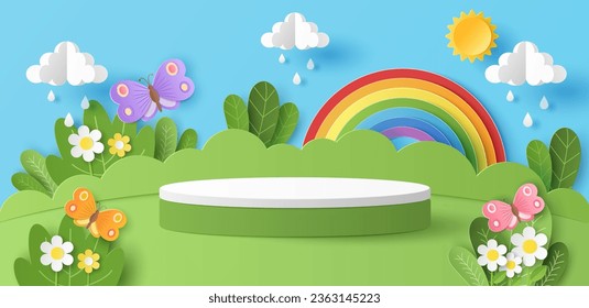 Paper cut of green nature landscape with cylinder podium for your products display presentation, butterfly, sun, clouds, raindrops and rainbow.