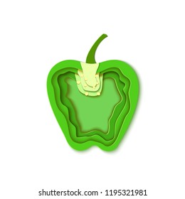 Paper cut green pepper. Vector paper cut design in the form of half Sweet pepper for design of food packaging. Vector illustration. Paper art style paprika. Origami concept