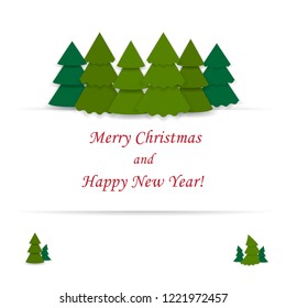 Paper cut green spruce in snowy nature. Merry Christmas greeting card. Origami winter season. Happy New Year. Paper art style. Frame with space for text. Vector, isolated, white background