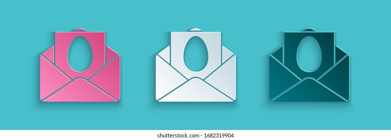 Paper cut Greeting card with Happy Easter icon isolated on blue background. Celebration poster template for invitation or greeting card. Paper art style. Vector Illustration