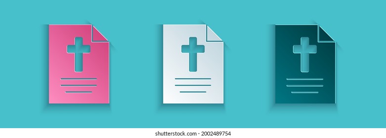 Paper cut Greeting card with Happy Easter icon isolated on blue background. Celebration poster template for invitation or greeting card. Paper art style. Vector Illustration