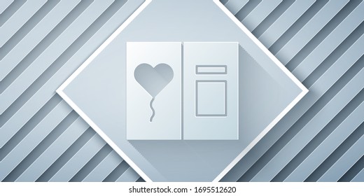 Paper cut Greeting card icon isolated on grey background. Celebration poster template for invitation or greeting card. Paper art style. Vector Illustration
