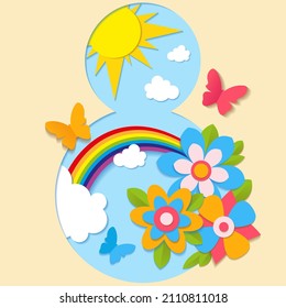 Paper cut greeting card for International Women's Day with flowers, rainbow, sun, clouds and butterflies