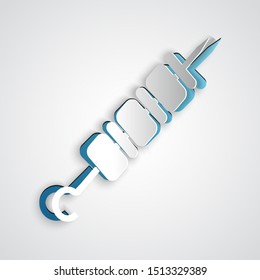 Paper cut Grilled shish kebab on skewer stick icon isolated on grey background. Meat kebab on skewer stick. Picnic with grilled meat. Paper art style. Vector Illustration