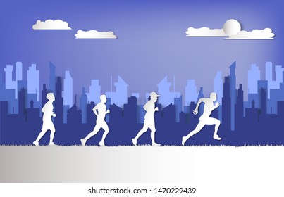 paper cut of group runner race with city background