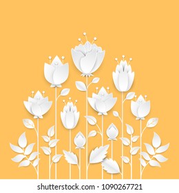 Paper cut growing flowers - modern vector colorful illustration on orange background. High quality greeting card, invitation template. Romantic composition with floral decoration