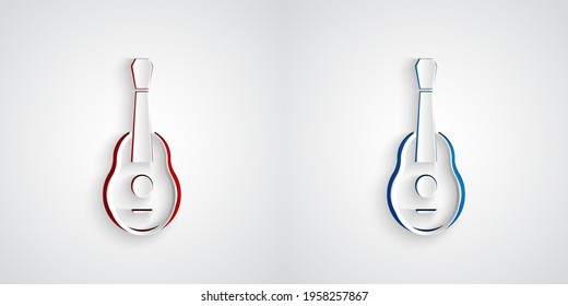 Paper cut Guitar icon isolated on grey background. Acoustic guitar. String musical instrument. Paper art style. Vector