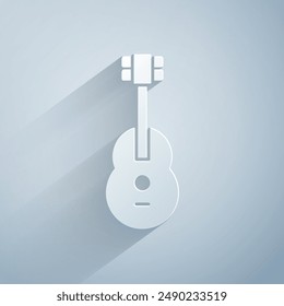 Icono de guitarra cortado en papel aislado sobre fondo gris. Guitarra Acústica. Instrumento musical de cuerda. Estilo de arte de papel. Ilustración vectorial