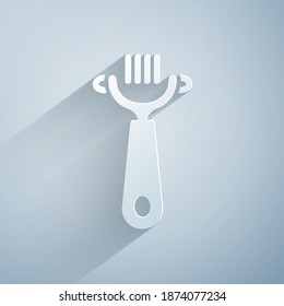 Paper cut Hair brush for dog and cat icon isolated on grey background. Brush for animal fur. Pet accessory. Paper art style. Vector