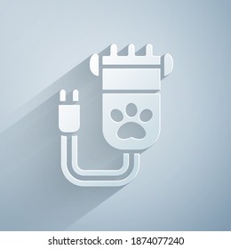 Paper cut Hair clipper accessories for pet grooming icon isolated on grey background. Paper art style. Vector