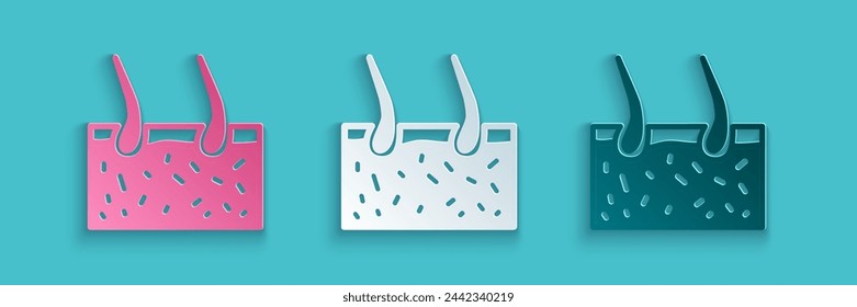 Paper cut Hair covering skin icon isolated on blue background. Hair follicle. Paper art style. Vector