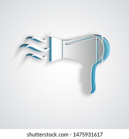 Paper cut Hair dryer icon isolated on grey background. Hairdryer sign. Hair drying symbol. Blowing hot air. Paper art style. Vector Illustration