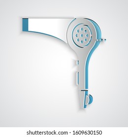 Paper cut Hair dryer icon isolated on grey background. Hairdryer sign. Hair drying symbol. Blowing hot air. Paper art style. Vector Illustration