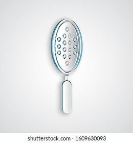 Paper cut Hairbrush icon isolated on grey background. Comb hair sign. Barber symbol. Paper art style. Vector Illustration