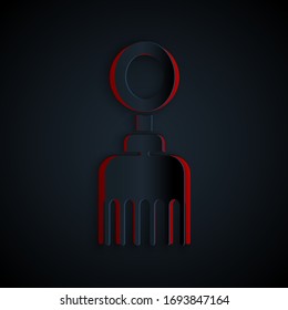 Paper cut Hairbrush icon isolated on black background. Comb hair sign. Barber symbol. Paper art style. Vector Illustration