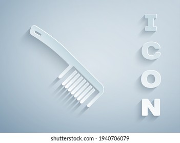 Paper cut Hairbrush icon isolated on grey background. Comb hair sign. Barber symbol. Paper art style. Vector