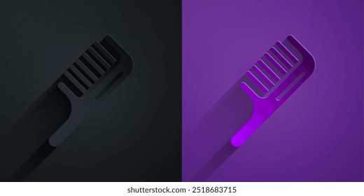 Paper cut Hairbrush icon isolated on black on purple background. Comb hair sign. Barber symbol. Paper art style. Vector