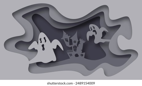 Paper Cut Halloween Background. Happy Halloween Paper Cut Landscape with Flying Ghost and Haunted House