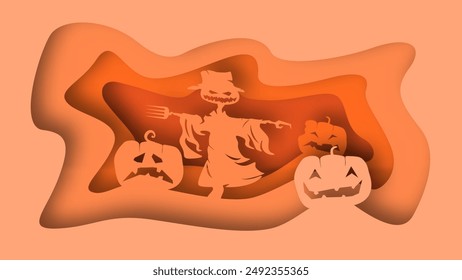 Paper Cut Halloween Background. Halloween Paper Cut Landscape with Pumpkin Lanterns and Scarecrow