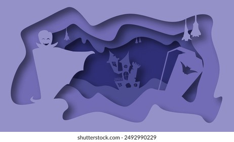 Paper Cut Halloween Background. Halloween Paper Cut Landscape with Vampires and Coffins