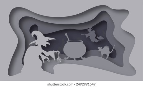 Paper Cut Halloween Background. Halloween Paper Cut Landscape with Witch and Witch's Cauldron