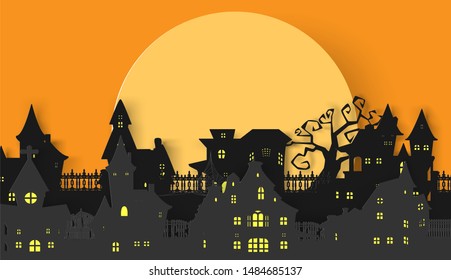 Paper cut Halloween concept with house, tree and full moon on orange  background.
