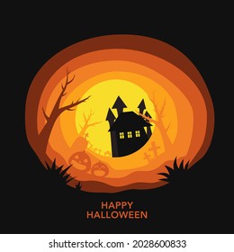 Corte de papel del día de Halloween. Ilustración vectorial de calabazas y castillo en la luna.