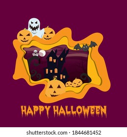 Paper cut of Halloween on night sky with full moon and scary pumpkins and bats on other layers - vector illustration S