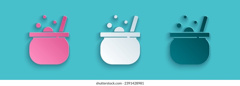 Paper cut Halloween witch cauldron icon isolated on blue background. Happy Halloween party. Paper art style. Vector