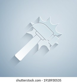 Paper cut Hammer icon isolated on grey background. Tool for repair. Paper art style. Vector.