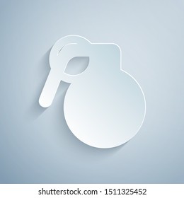 Paper cut Hand grenade icon isolated on grey background. Bomb explosion. Paper art style. Vector Illustration